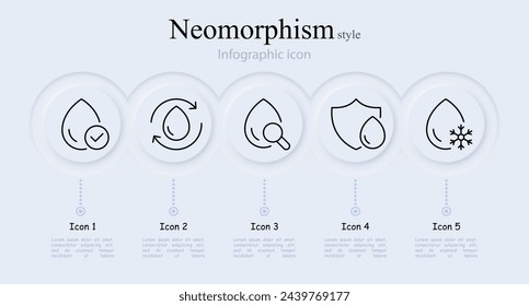 Water line icon set. Drop, whirlpool, shield, magnifying glass, snowflake, thirst, drink. Neomorphism style. Vector line icon for Business