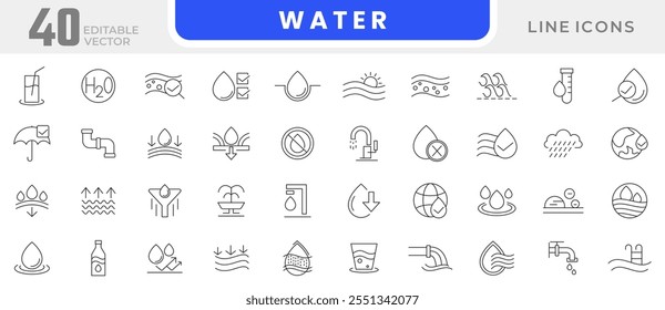 Water line icon set. Drop water, mineral water, shower, plastic bottle, Low and High Tide, Shower, Plastic, pipes, glass, pure aqua, moisture, hydrophobic line icon set. Ui thin kine icon pack.