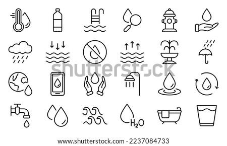 Water Line Icon Set. Drop Water Linear Icon. Mineral Water, Low and High Tide, Shower, Plastic Bottle and Glass Outline Pictogram. Fire Hydrant and Fountain. Editable stroke. Vector illustration.