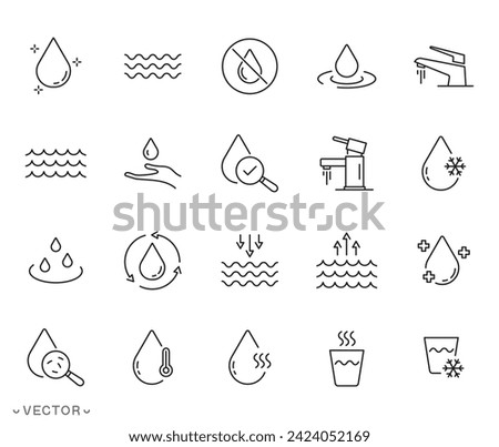 Water Line Icon Set, Drop Water Thin Linear Icon, Mineral Water, Low and High Tide, Shower, Glass Outline, water evaporation, Fountain, thin line symbol, Editable stroke eps 10 Vector illustration.
