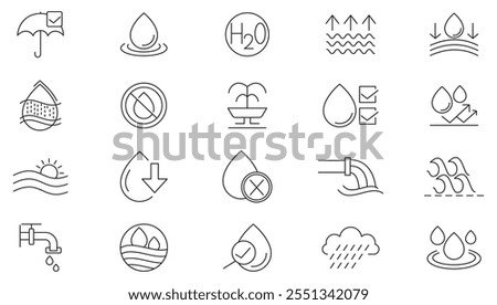 Water line icon set. Drop water, mineral water, shower, plastic bottle, Low and High Tide, Shower, Plastic, pipes, glass, pure aqua, moisture, hydrophobic line icon set. Ui thin kine icon pack.