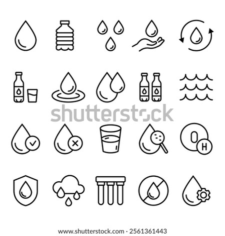 Water Line Icon Set. Drop Water Thin Linear Icon. Mineral Water, Low and High Tide, Shower, Plastic Bottle and Glass Outline Pictogram. Fire Hydrant and Fountain. Vector illustration.