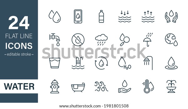 Water Line Icon Set. Drop Water Thin Linear\
Icon. Mineral Water, Low and High Tide, Shower, Plastic Bottle and\
Glass Outline Pictogram. Fire Hydrant and Fountain. Editable\
stroke. Vector\
illustration.