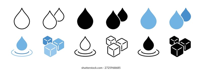 Water line icon set. Water drops, droplet sign. Ice cube symbol. Black and blue collection. Editable stroke. Vector illustration. Flat design. Isolated on a white background.