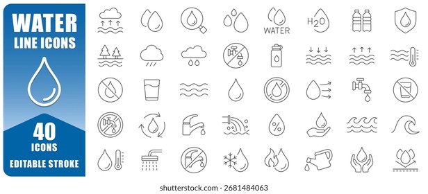 Wasserlinie Icon Set verfügt über 40 bearbeitbare Strich dünne Linie Symbole, einschließlich Tropfen, Wellen, Wasserhähne und H2O Elemente. Perfekt für Apps, Infografiken, Websites und Designprojekte. Isolierte Vektorgrafik  