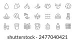 Water line icon set. Rain drops, glass, H2O molecule, purification filter, pure aqua outline vector illustration. Linear pictogram for drink. Editable Stroke