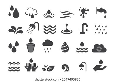 Wasserlinie-Symbolsatz. Regentropfen, Glas, H2O-Molekül, Reinigungsfilter, reine Aqua-Kontur, Vektorgrafik. Lineares Piktogramm für Getränke.