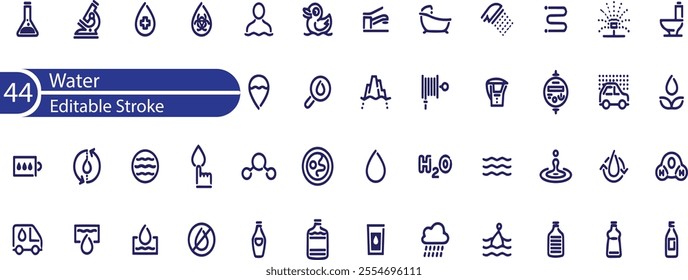 Water line icon set. Rain drops, glass, H2O molecule, purification filter, pure aqua outline vector illustration. Linear pictogram for drink