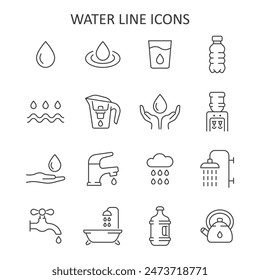 Water line icon set. Vector collection with drop, cup, bottle, cooler, bath, cloud with rain, water tap. 