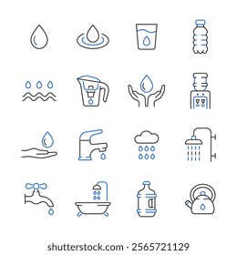 Water line icon set. Vector collection with drop, cup, bottle, cooler, bath, cloud with rain, water tap.