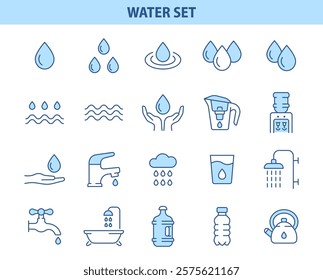 Water line icon set. Vector collection with drops, cup, bottle, cooler, bath, cloud with rain, water tap, kettle.