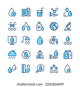 Water line icons. Blue color. Vector line icons set