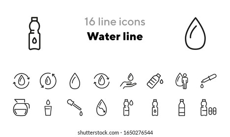 Water line icons. Set of line icons. Bottle of water, dehydration, glass of water, jug. Fluid concept. Vector illustration can be used for topics like hydration, water