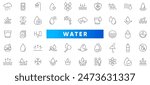 Water line icons set. Water, filter, drops, waves, drop, sea, drinking water, bottle, cleanliness, aqua outline icons collection. Thin outline icons vector.