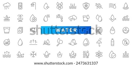 Water line icons set. Water, filter, drops, waves, drop, sea, drinking water, bottle, cleanliness, aqua outline icons collection. Thin outline icons vector.