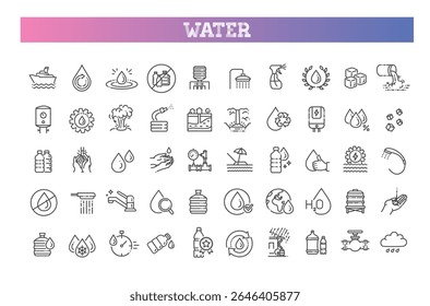 Water line icons set. Linear icon collection