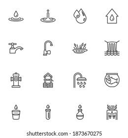 Water line icons set, outline vector symbol collection, linear style pictogram pack. Signs, logo illustration. Set includes icons as water tap, dew droplet, oil drop, waterfall, shower, test tube