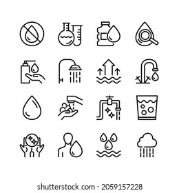 Water line icons. Set of outline symbols, simple graphic elements, modern linear style black pictograms collection. Vector line icons set