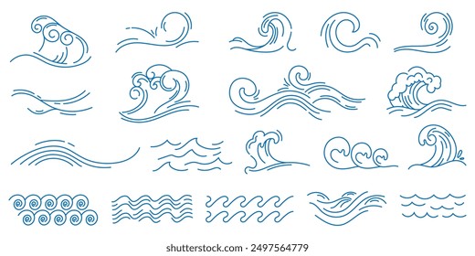 Water line waves. Sea wave with splashes, blue ocean wavy decorative shapes. Water linear marine decoration. Abstract aqua, liquid flow simple graphics, nautical oceanic surf symbols vector set.