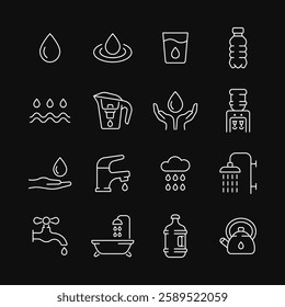 Water line white icon set on black background. Vector collection with drop, cup, bottle, cooler, bath, cloud with rain, water tap. Editable stroke.