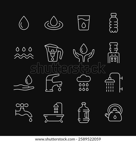 Water line white icon set on black background. Vector collection with drop, cup, bottle, cooler, bath, cloud with rain, water tap. Editable stroke.