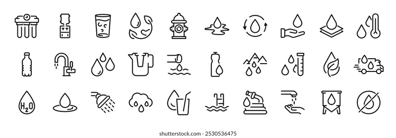 water linear icon collection. Drop Water, Mineral Water, Low and High Tide, Shower, Plastic Bottle and Glass. Editable stroke. Vector illustration