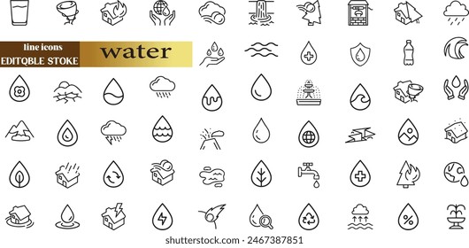 water linear icon collection real estate. Drop Water, Mineral Water, Low and High Tide, Shower, 