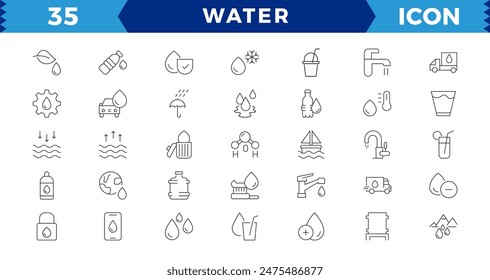 water linear icon collection real estate.Set of outline water icons. Minimalist thin linear web icon set.  Drop Water, Mineral Water, Low and High Tide,  Plastic Bottle and Glass. Editable stroke.
