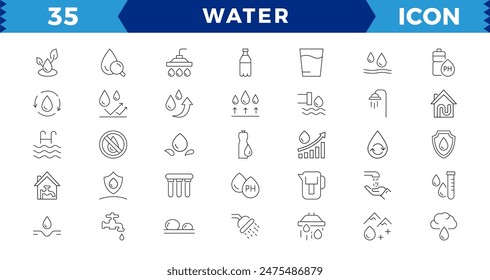 water linear icon collection real estate.Set of outline water icons. Minimalist thin linear web icon set.  Drop Water, Mineral Water, Low and High Tide,  Plastic Bottle and Glass. Editable stroke.
