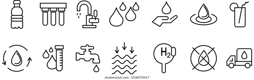 Water linear icon collection real estate. Drop Water, Mineral Water, Low and High Tide, Shower, Plastic Bottle and Glass. Editable stroke. Vector illustration