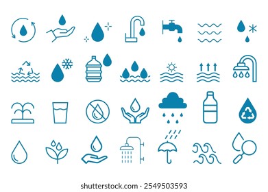 water linear icon collection real estate.Set of outline water icons. Minimalist thin linear web icon set. Drop Water, Mineral Water,