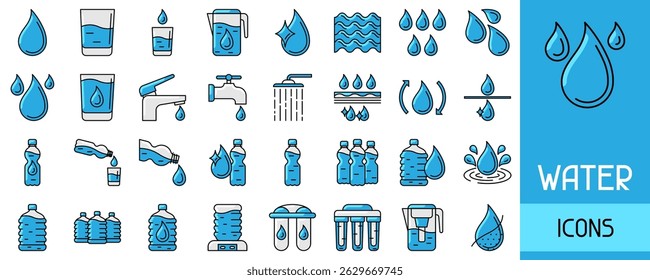 Conjunto de iconos lineales de agua. Ilustración de línea delgada acuosa o líquida.