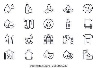 water linear icon set collection. Drop Water, Mineral Water, Low and High Tide, Shower, Plastic Bottle and Glass.