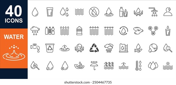 water linear icon Set of outline water icons. Minimalist thin linear web icon set. Drop Water, Mineral Water, Low and High Tide, Plastic Bottle and Glass. Editable stroke.