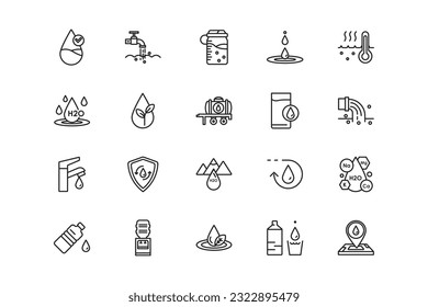 Water lines icon set. Water genres and attributes. Linear design. Lines with editable stroke. Isolated vector icons.