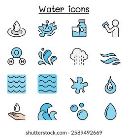 Water, liquid, aqua icon set in color line style
