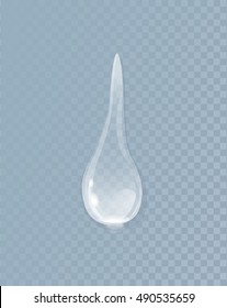 Water liquid drop isolated on transparent background. Water splash, droplets. Nature eco sign symbol. Wet and environment, clean droplet, bubble aqua, natural fresh illustration. Vector long drop