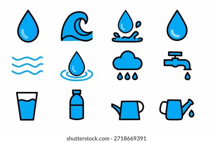 Water and liquid icon set, including blue water drop, ocean wave, splash, rain cloud, faucet tap, glass of water, plastic bottle, and watering can
