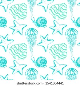 Water Living Creatures Vector Seamless Pattern. Marine Decorative Wallpaper. Sea Life Design