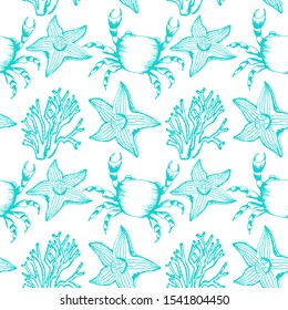 Water Living Creatures Vector Seamless Pattern. Marine Decorative Wallpaper. Sea Life Design