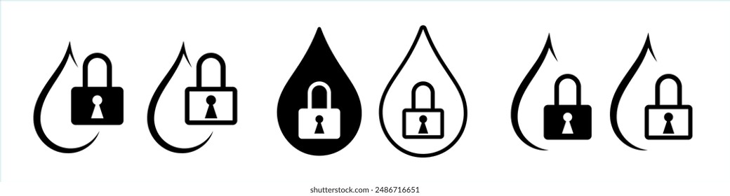 Wasserschloss Drop Icons für Absorptionswindel oder hygienische Pads, Vektorgrafik Symbol. Wasserschloss Drop-Symbole für Hydratation oder Leck wasserdicht