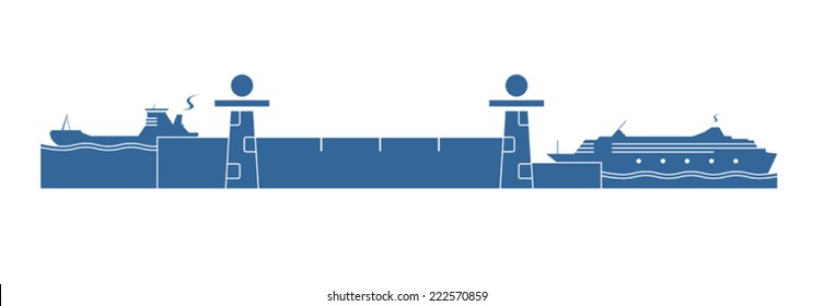 Water lock system with two ships. A device for raising and lowering ships. Vector illustration.