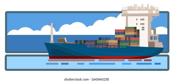 Water logistics. Vector illustration. Ocean, sea, and river transport. Container shipping. Large and small vessels. Loading and unloading at the port. Picture for the booklet, graphic button of site.