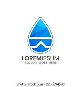 Water logo. Blue Water Drop with glasses and house roof outline. Can be used for Business, Healthcare, Medical, Nature, watermark and waterdrop Logos. Flat Vector Logo Design Template Elements.