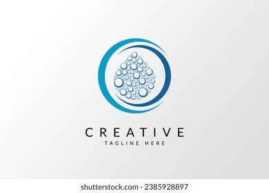 Water Logo. Blue Water Drop Linked with Circle Line Around isolated on Blue Background. Usable for Business, Science, Healthcare, Medical and Nature Logos. Flat Vector Logo Design Template Element.
