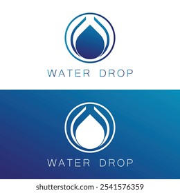 Logotipo del agua. Gota de agua azul vinculada con la línea del círculo alrededor aislado sobre fondo azul. Utilizable para los logotipos del negocio, de la Ciencia, de la atención sanitaria, médicos y de la Naturaleza. Elemento de Plantilla de diseño de logotipo de Vector plano.