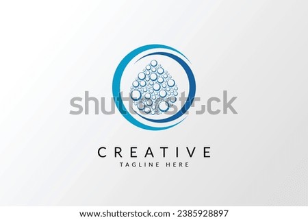 Water Logo. Blue Water Drop Linked with Circle Line Around isolated on Blue Background. Usable for Business, Science, Healthcare, Medical and Nature Logos. Flat Vector Logo Design Template Element.