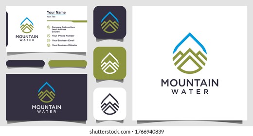 Water Logo Design Combined With Mountain Line Art Style, And Business Card Design