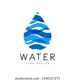 Water logo design, corporate identity template with blue drop, ecology element for poster, banner, card, presentation vector Illustration