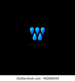 Water logo. Letter W as 5 drops of water, isolated, on dark background